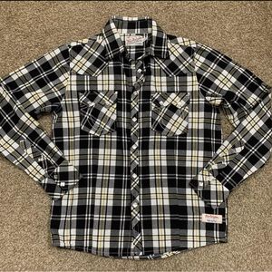 True Religion Western Shirt Mens Medium Black White Pearl Snap Plaid Cowboy USA